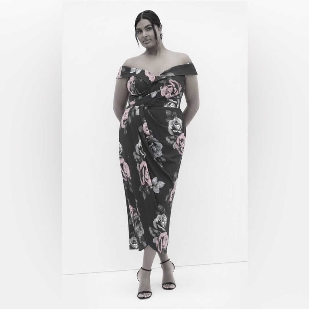 City Chic Black and Pink Floral Midi Off-the-Shoulder Dress - Picture 8 of 9
